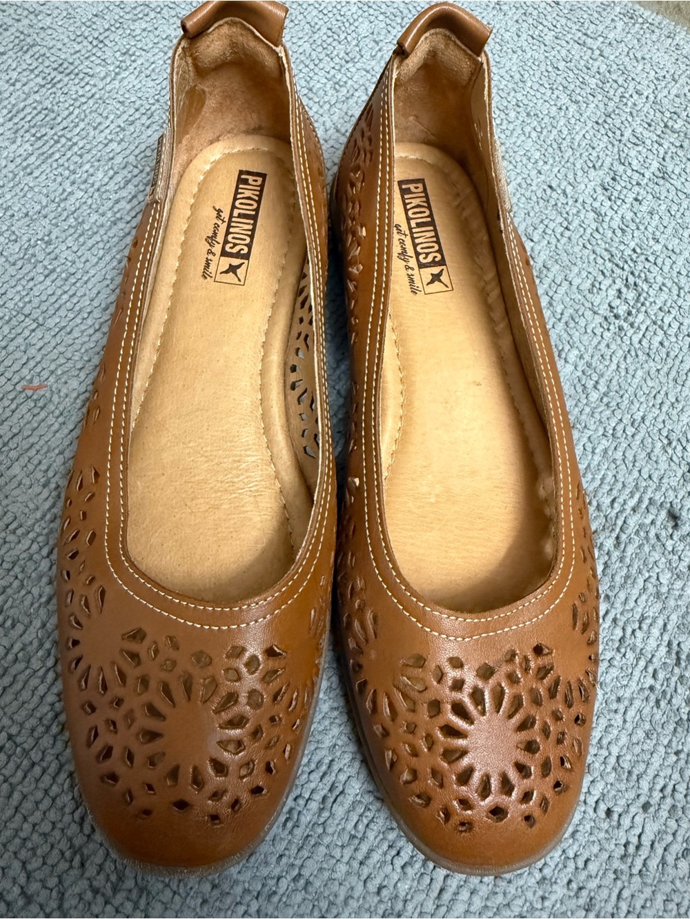 PIKOLINOS Brown Laser-Cut Leather Ballet Flats